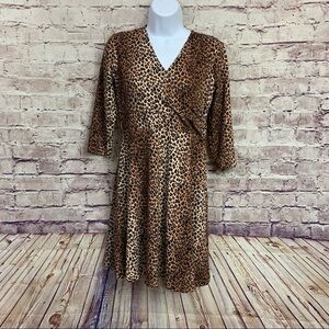 Lark & Ro Black Brown Faux Wrap Animal Print 3/4 Sleeve Dress